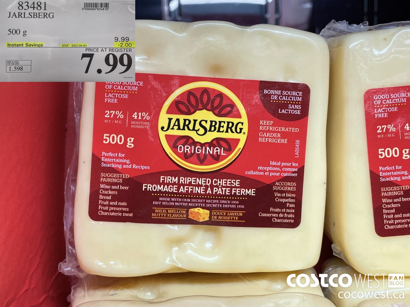 83481 JARLSBERG 500G ($2.00 INSTANT SAVINGS EXPIRES ON 2022-04-03) $7.99