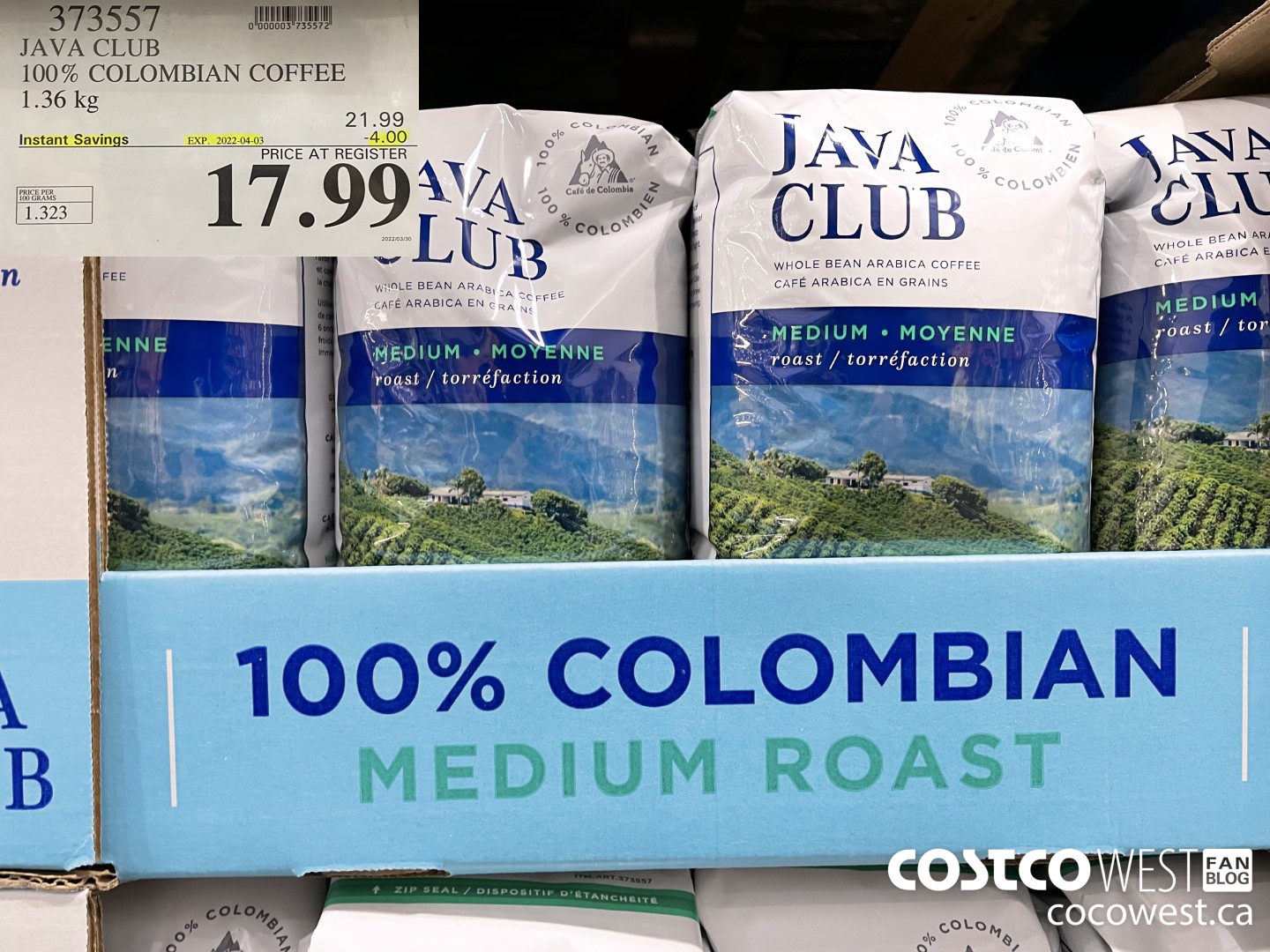 373557 JAVA CLUB 100% COLOMBIAN COFFEE 1.36 kg ($4.00 INSTANT SAVINGS EXPIRES ON 2022-04-03) $17.99