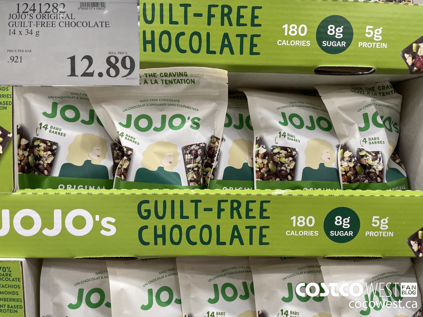 1241282 JOJO'S ORIGINAL GUILT-FREE CHOCOLATE BAR 14 X 34 G $12.89