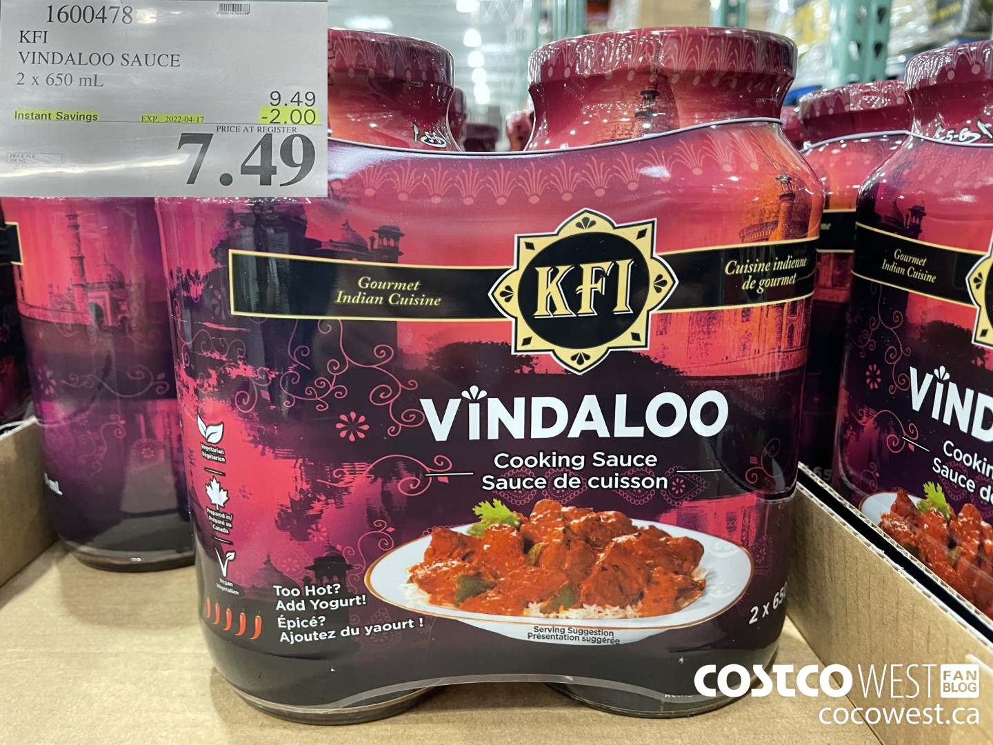 1600478 KFI VINDALOO SAUCE 2 x 650 mL  ($2.00 INSTANT SAVINGS EXPIRES ON 2022-04-17) $7.49