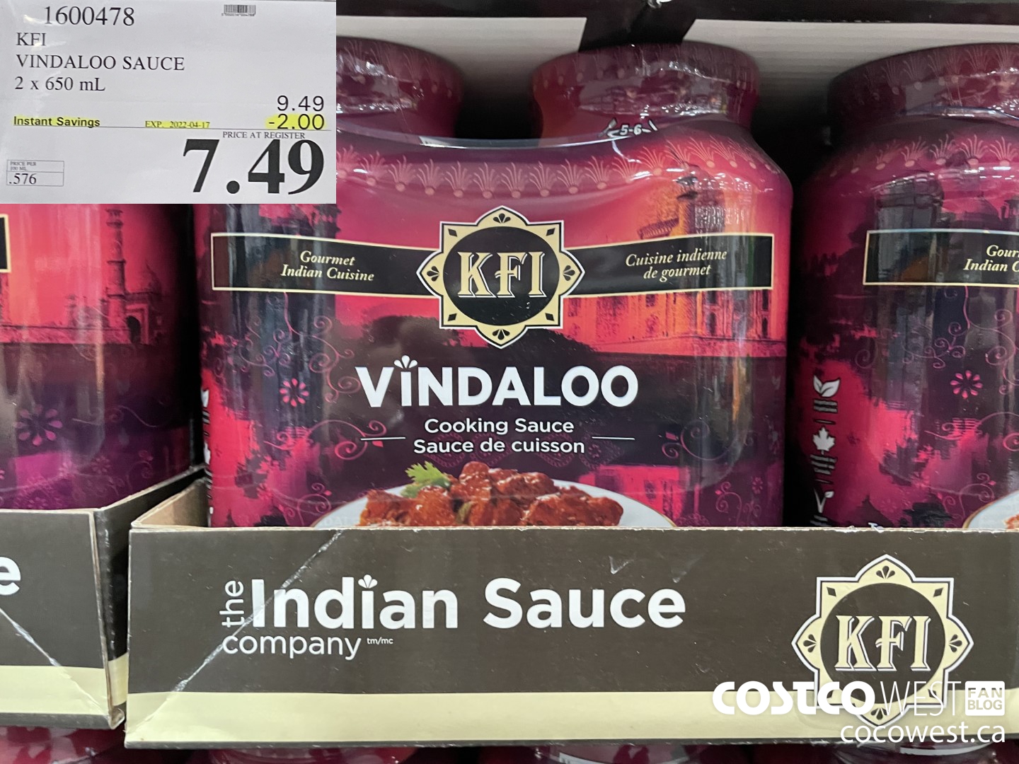 1600478 KFI VINDALOO SAUCE 2 x 650 mL  ($2.00 INSTANT SAVINGS EXPIRES ON 2022-04-17) $7.49