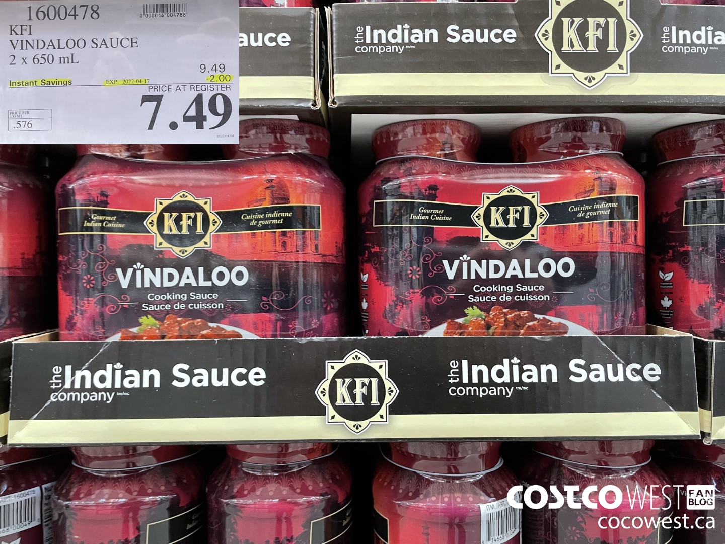 1600478 KFI VINDALOO SAUCE 2 x 650 mL  ($2.00 INSTANT SAVINGS EXPIRES ON 2022-04-17) $7.49