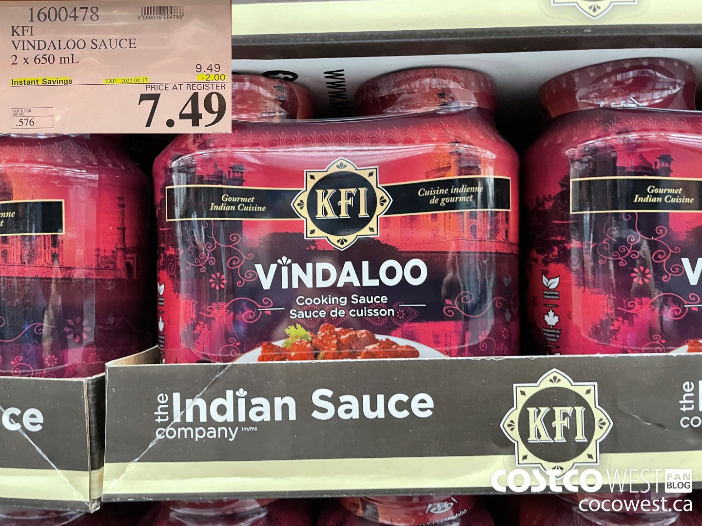 1600478 KFI VINDALOO SAUCE 2 x 650 mL  ($2.00 INSTANT SAVINGS EXPIRES ON 2022-04-17) $7.49