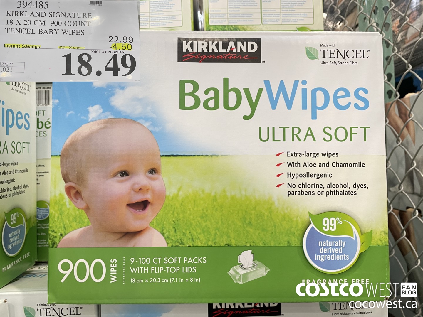 394485 KIRKLAND SIGNATURE 18 X 20 CM TENCEL BABY WIPES ($4.50 INSTANT SAVINGS EXPIRES ON 2022-04-03) $18.49
