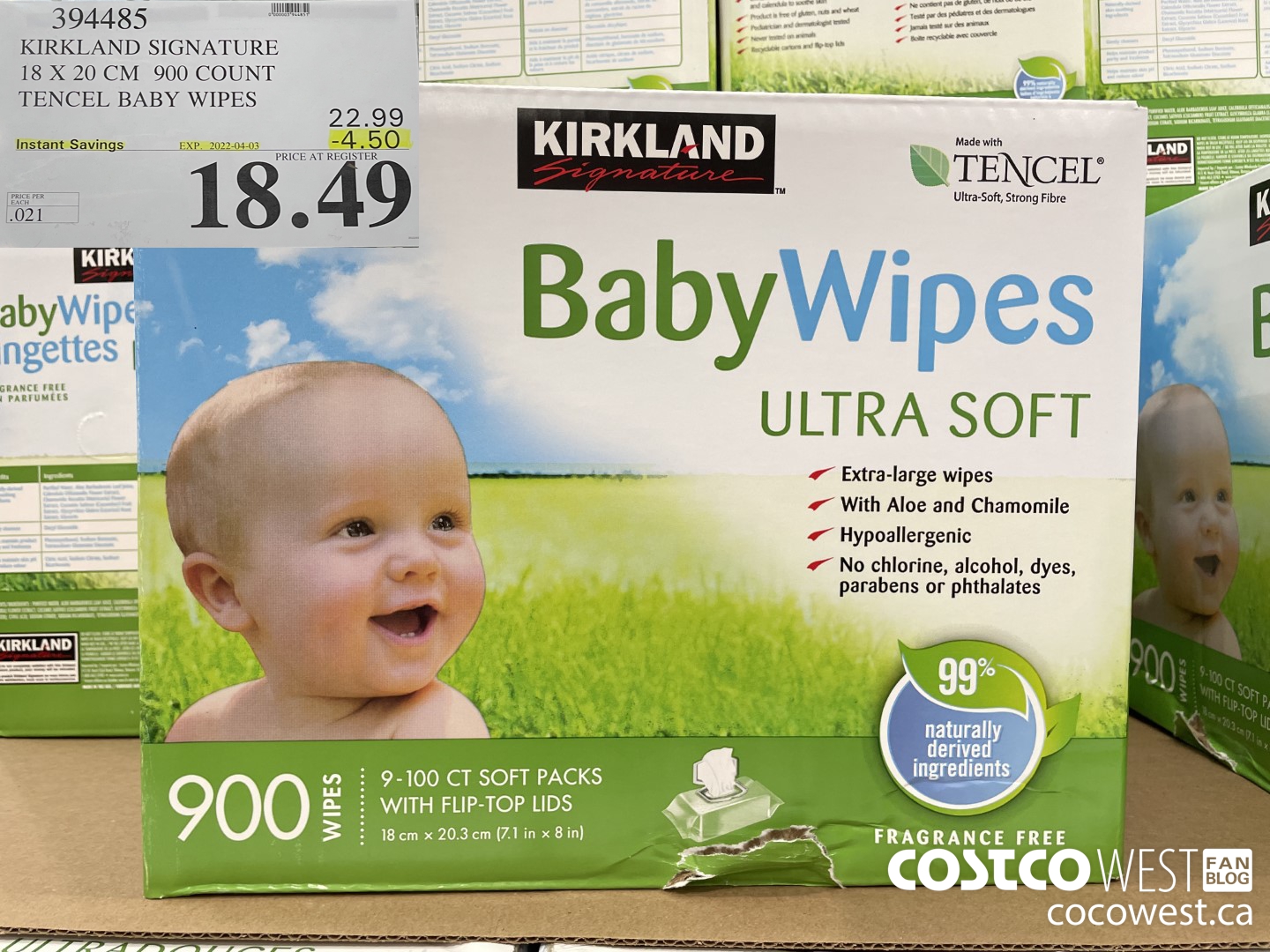 394485 KIRKLAND SIGNATURE 18 X 20 CM TENCEL BABY WIPES ($4.50 INSTANT SAVINGS EXPIRES ON 2022-04-03) $18.49