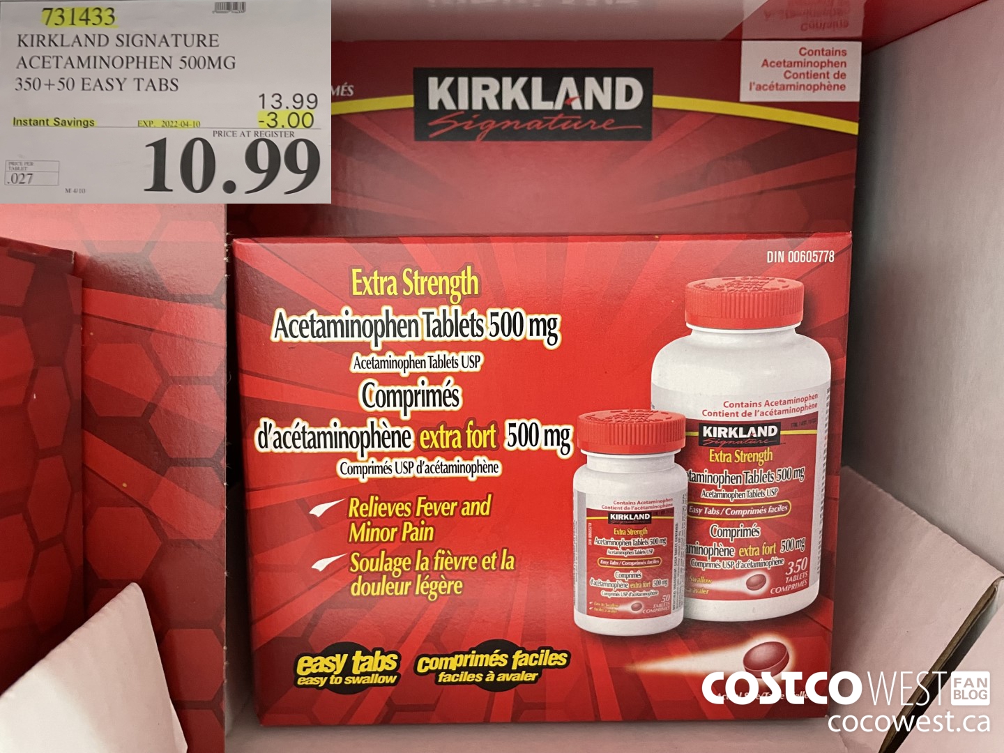 731433 KIRKLAND SIGNATURE ACETAMINOPHEN 500MG 350 + 50 EASY TABLETS ($3.00 INSTANT SAVINGS EXPIRES ON 2022-04-10) $10.99