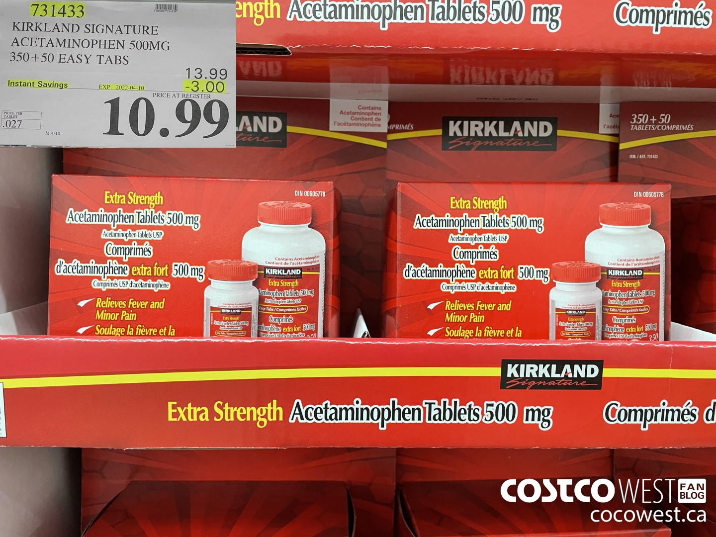 731433 KIRKLAND SIGNATURE ACETAMINOPHEN 500MG 350 + 50 EASY TABLETS ($3.00 INSTANT SAVINGS EXPIRES ON 2022-04-10) $10.99