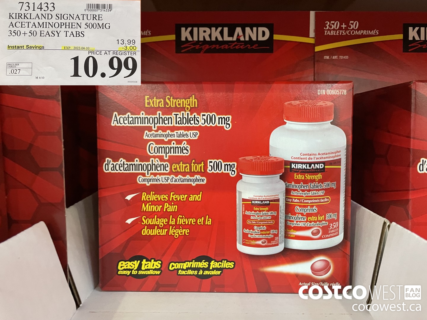 731433 KIRKLAND SIGNATURE ACETAMINOPHEN 500MG 350 + 50 EASY TABLETS ($3.00 INSTANT SAVINGS EXPIRES ON 2022-04-10) $10.99