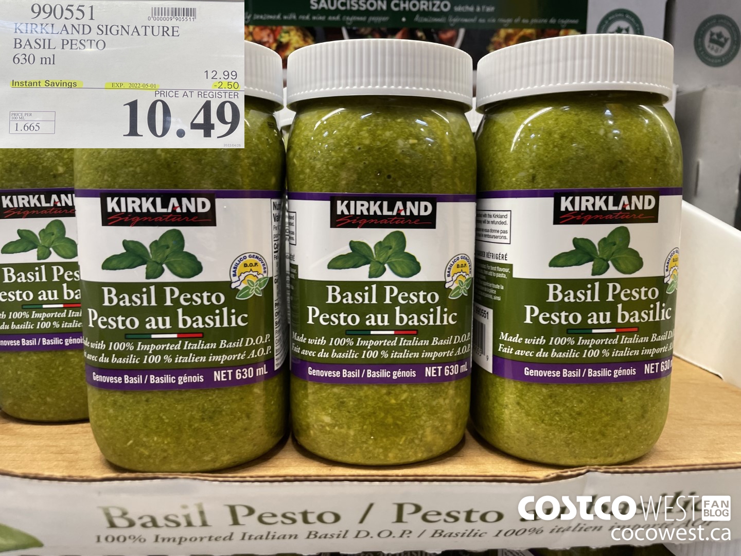 990551 KIRKLAND SIGNATURE BASIL PESTO 630 ml ($2.50 INSTANT SAVINGS EXPIRES ON 2022-05-01) $10.49