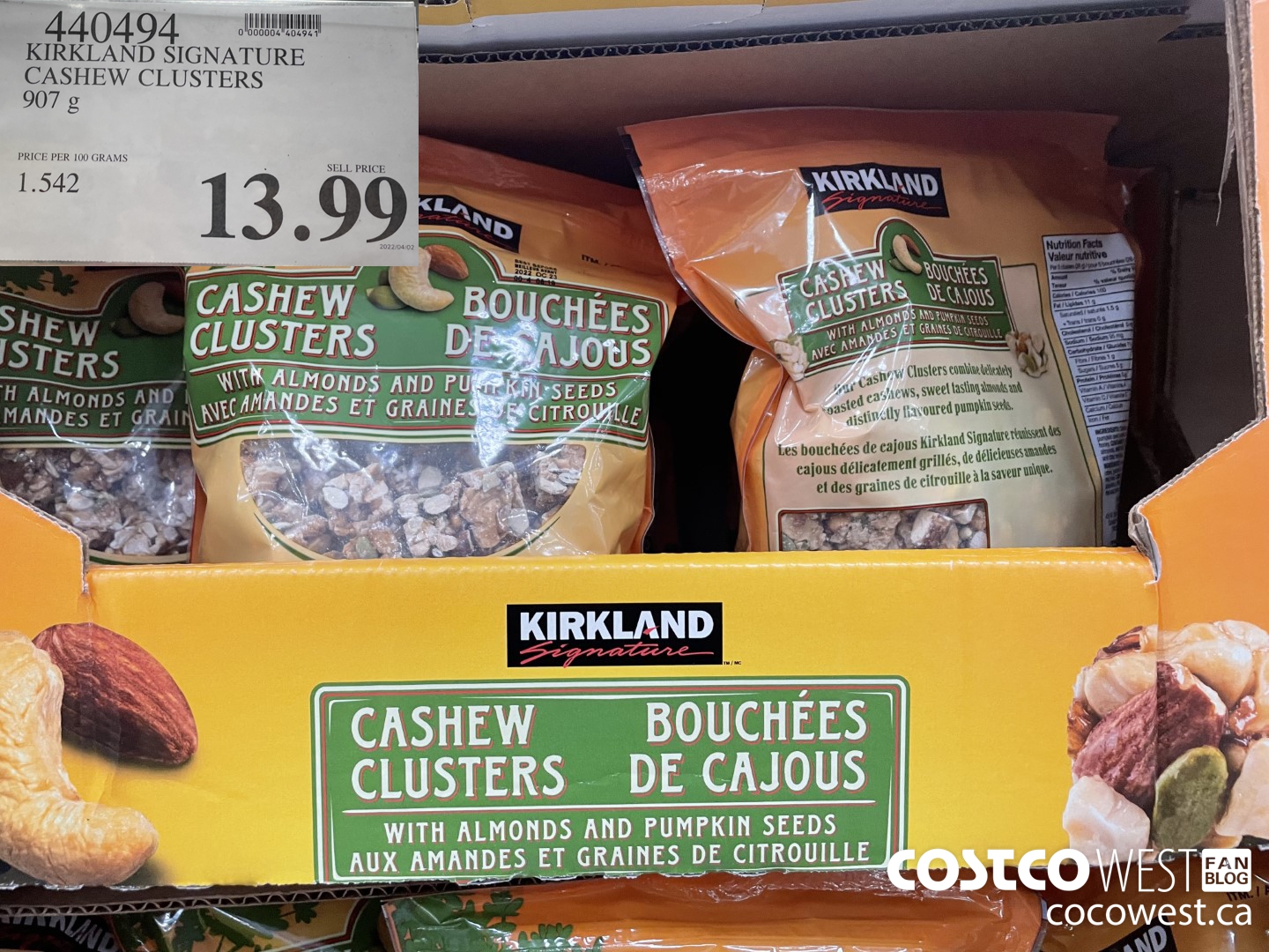 440494 KIRKLAND SIGNATURE CASHEW CLUSTERS 907 G $13.99