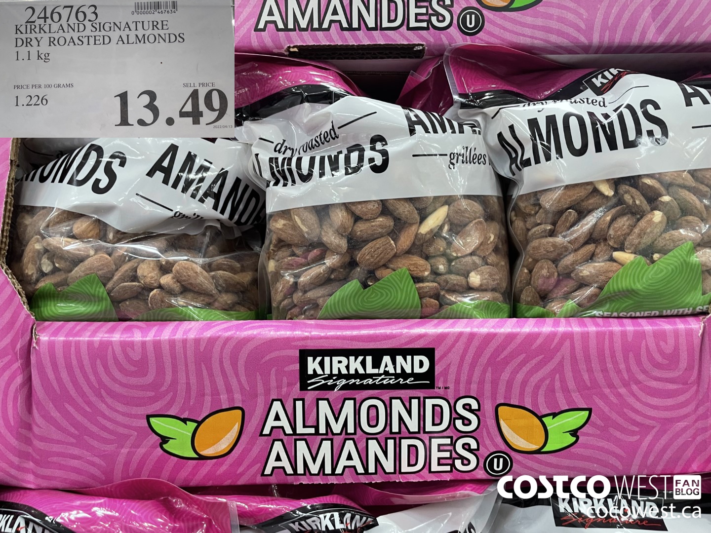 246763 KIRKLAND SIGNATURE DRY ROASTED ALMONDS 1.1 KG $13.49