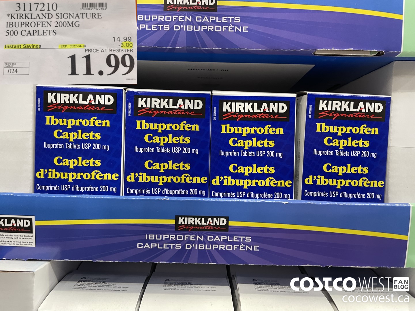 3117210 KIRKLAND SIGNATURE IBUPROFEN 200MG 500 CAPLETS ($3.00 INSTANT SAVINGS EXPIRES ON 2021-04-10) $11.99