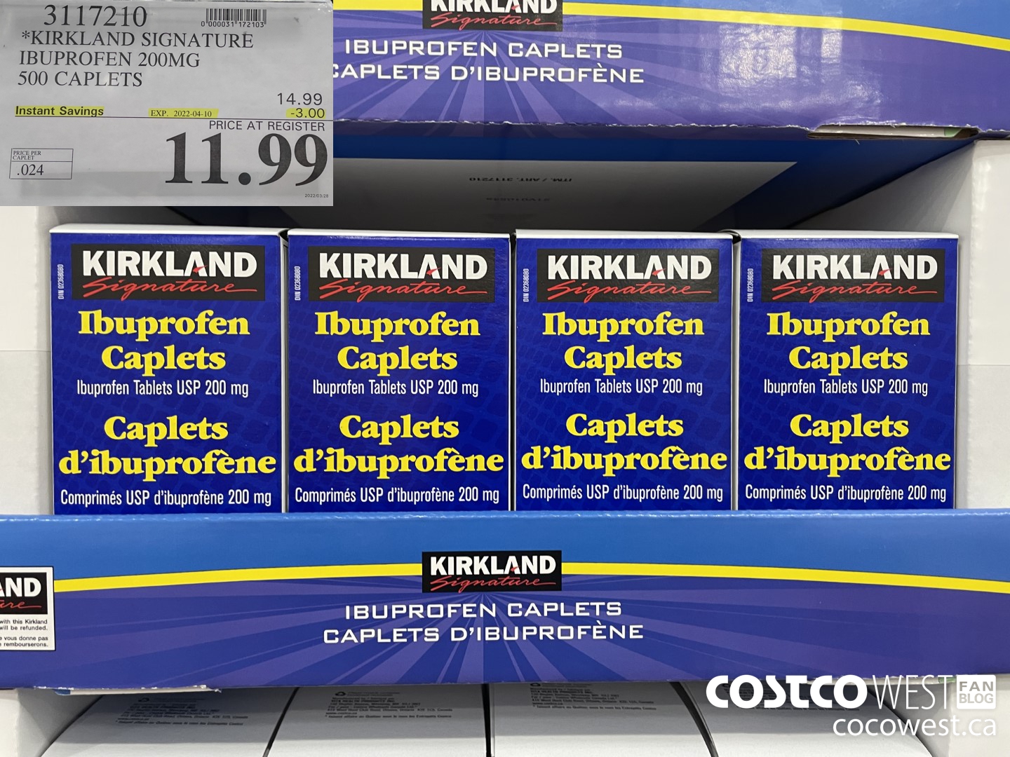 3117210 KIRKLAND SIGNATURE IBUPROFEN 200MG 500 CAPLETS ($3.00 INSTANT SAVINGS EXPIRES ON 2022-04-10) $11.99
