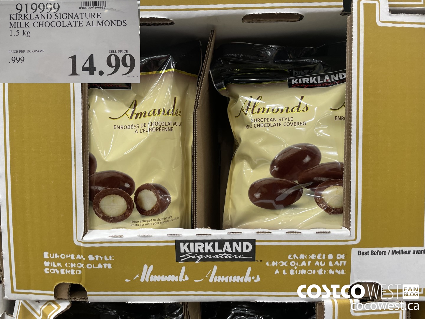 919999 KIRKLAND SIGNATURE MILK CHOCOLATE ALMONDS 1.5KG $14.99