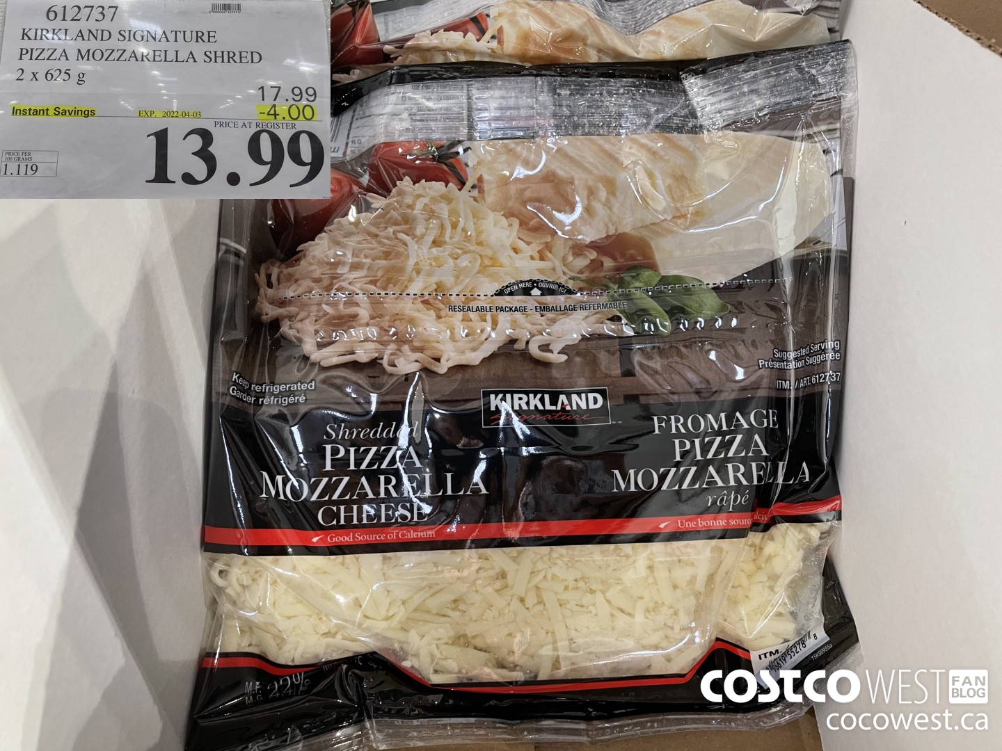 612737 KIRKLAND SIGNATURE PIZZA MOZZARELLA SHRED 2 X 625 G ($4.00 INSTANT SAVINGS EXPIRES ON 2022-04-03) $13.99