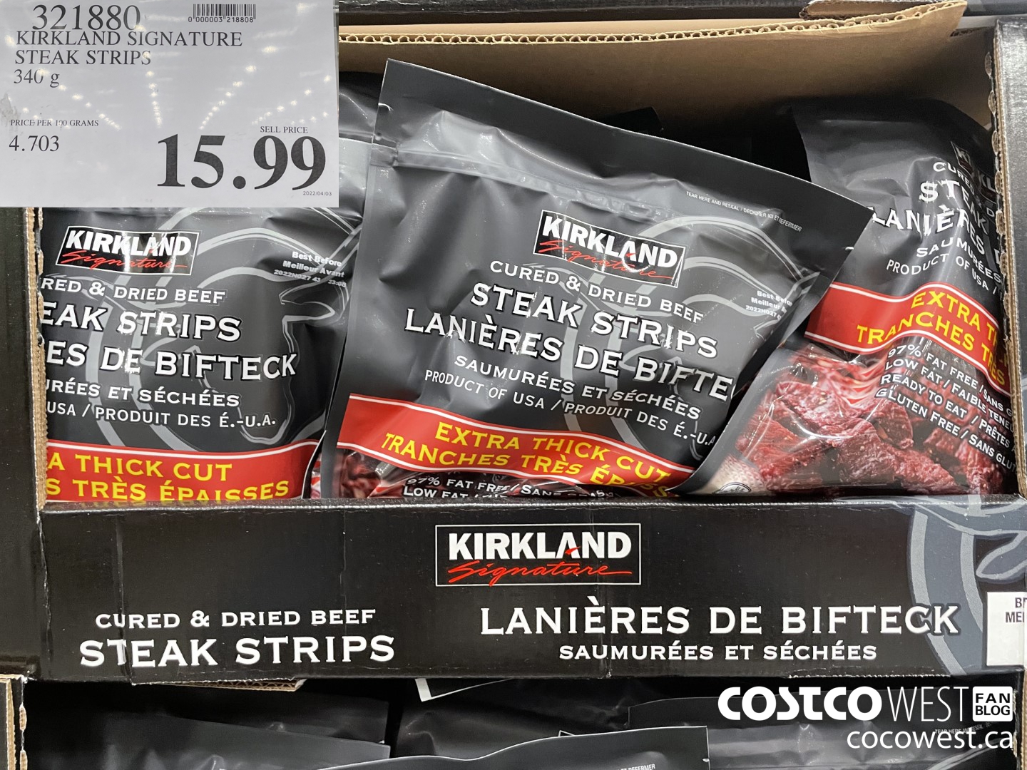 321880 KIRKLAND SIGNATURE STEAK STRIPS 340 G $15.99