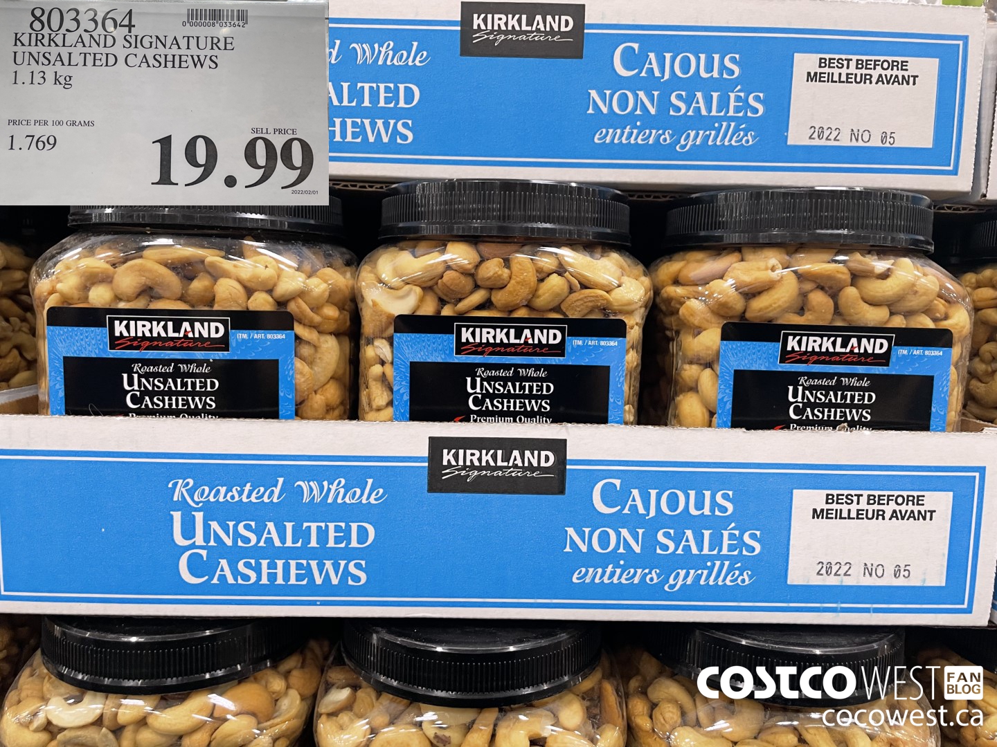 803364 KIRKLAND SIGNATURE UNSALTED CASHEWS 1.13 KG $19.99