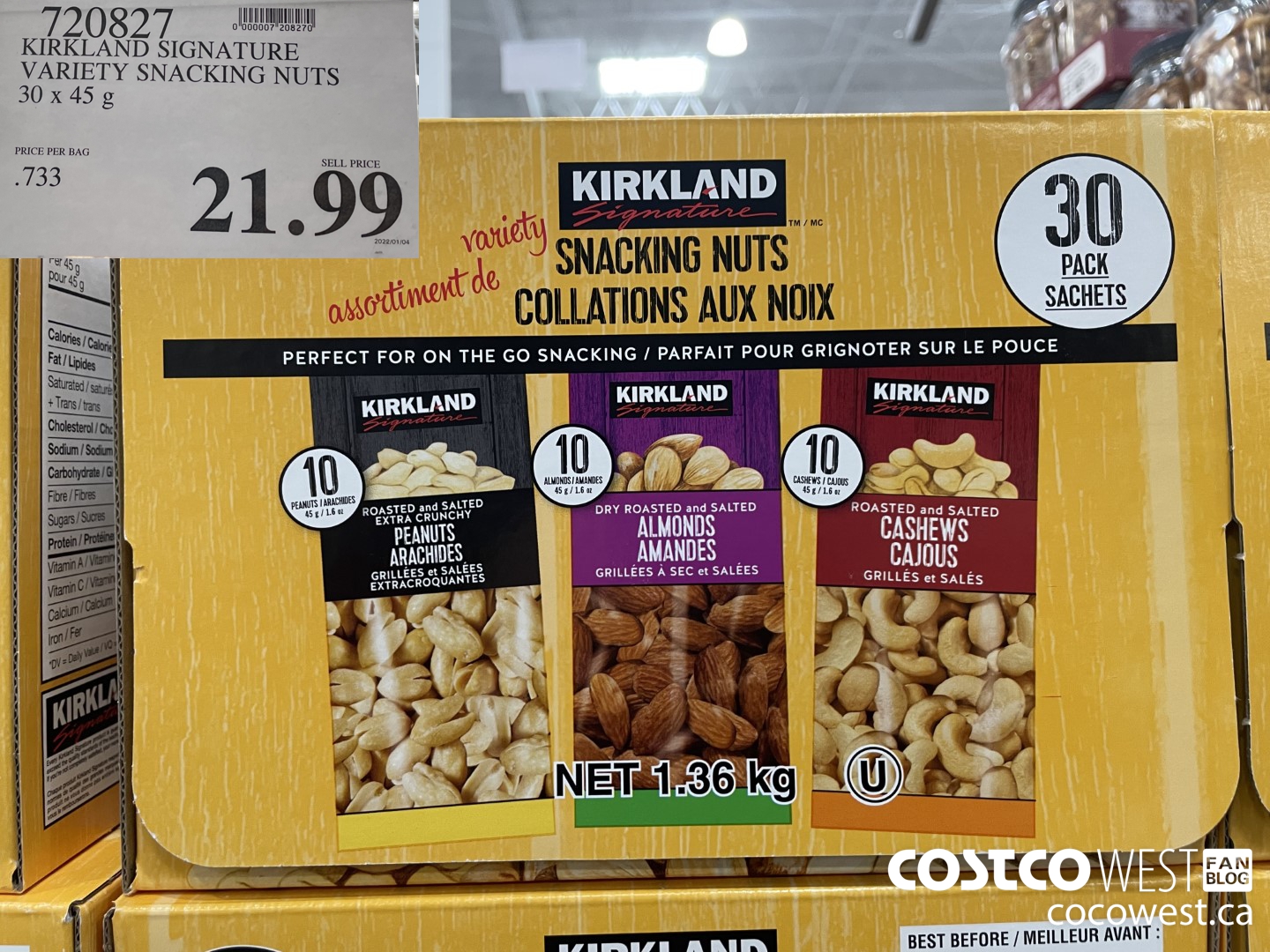 720827 KIRKLAND SIGNATURE VARIETY SNACKING NUTS 30 X 45 G $21.99