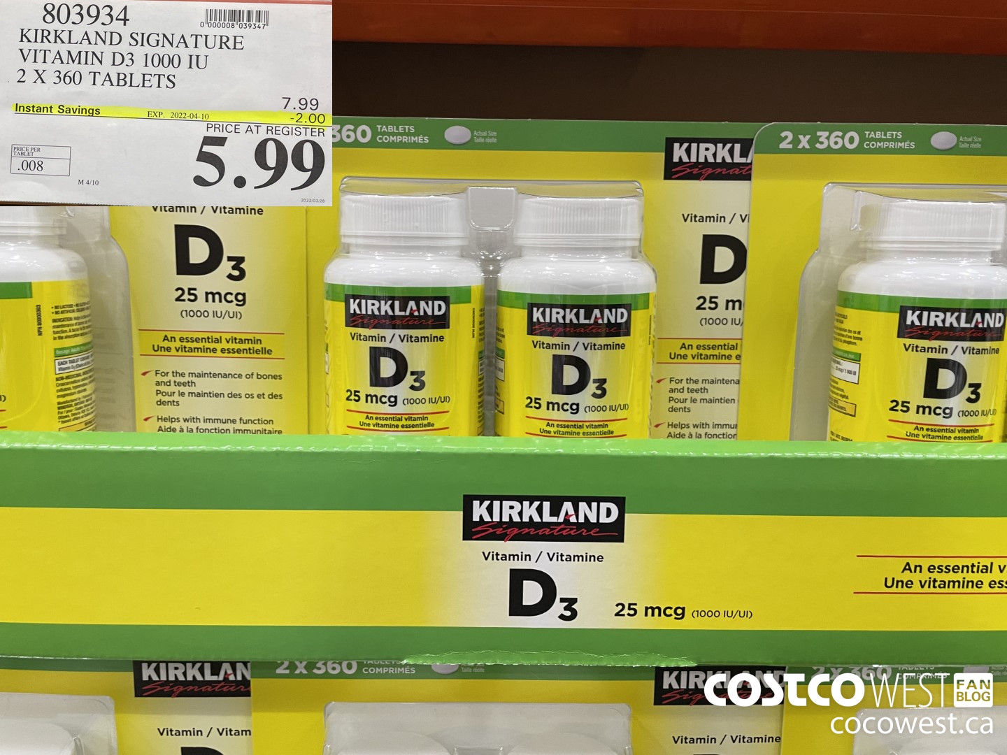 803934 KIRKLAND SIGNATURE VITAMIN D3 1000 IU 2 X 360 TABLETS ($2.00 INSTANT SAVINGS EXPIRES ON 2022-04-10) $5.99