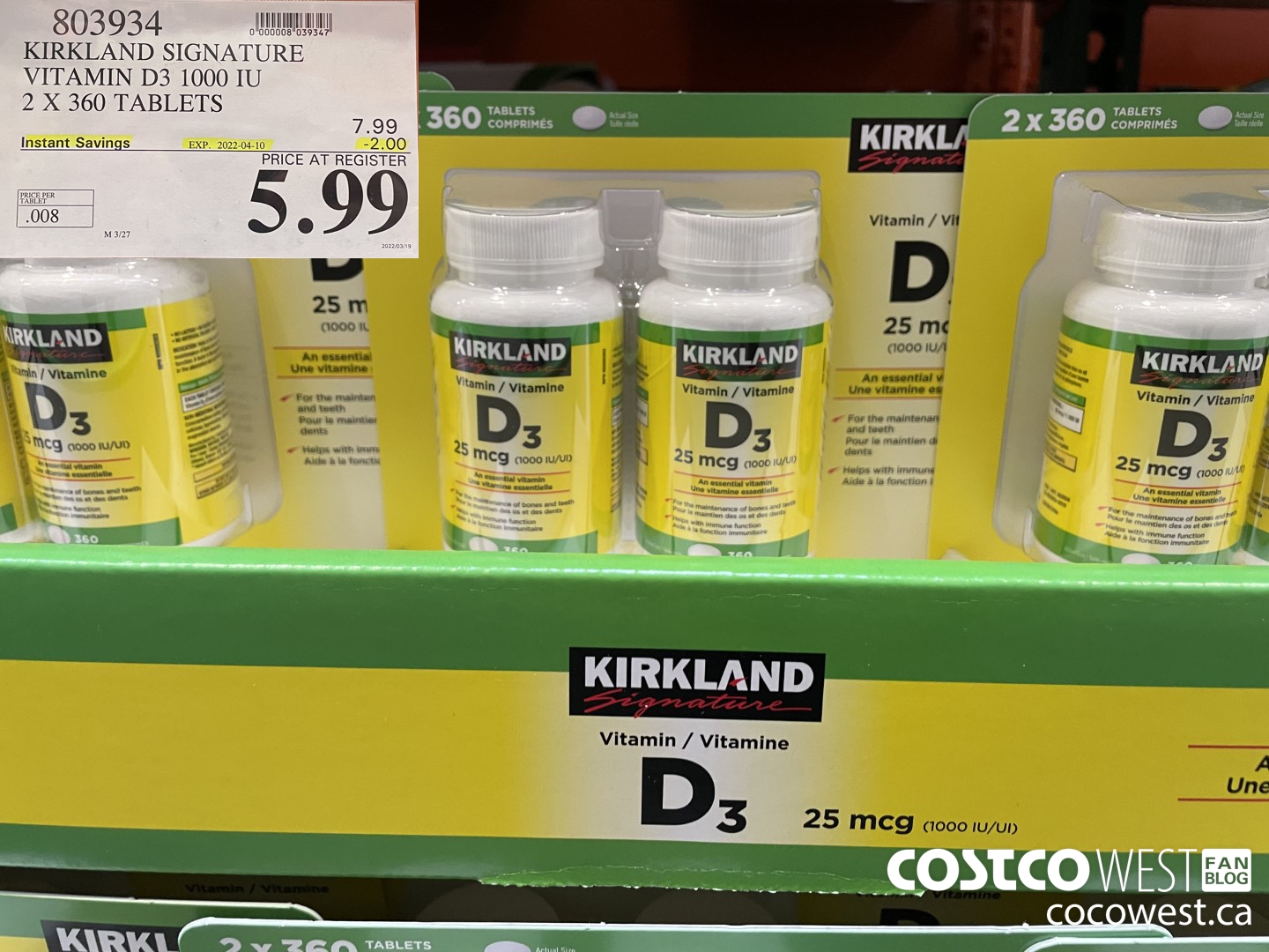 803934 KIRKLAND SIGNATURE VITAMIN D3 1000 IU 2 X 360 TABLETS ($2.00 INSTANT SAVINGS EXPIRES ON 2022-04-10) $5.99