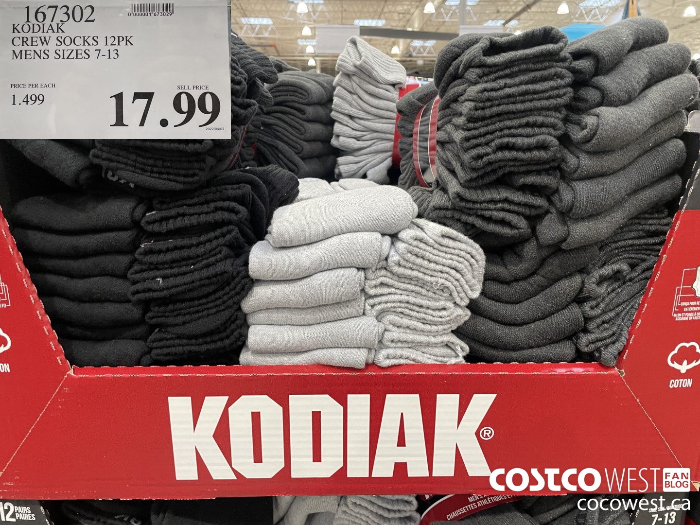 167302 KODIAK CREW SOCKS 12PK MENS SIZES 7-13 $17.99