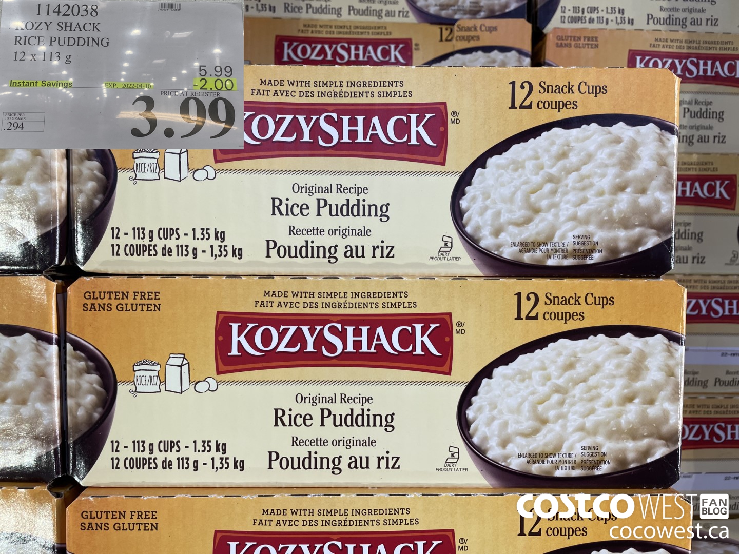 1142038 KOZY SHACK RICE PUDDING 12 x 113 g ($2.00 INSTANT SAVINGS EXPIRES ON 2021-04-10) $3.99