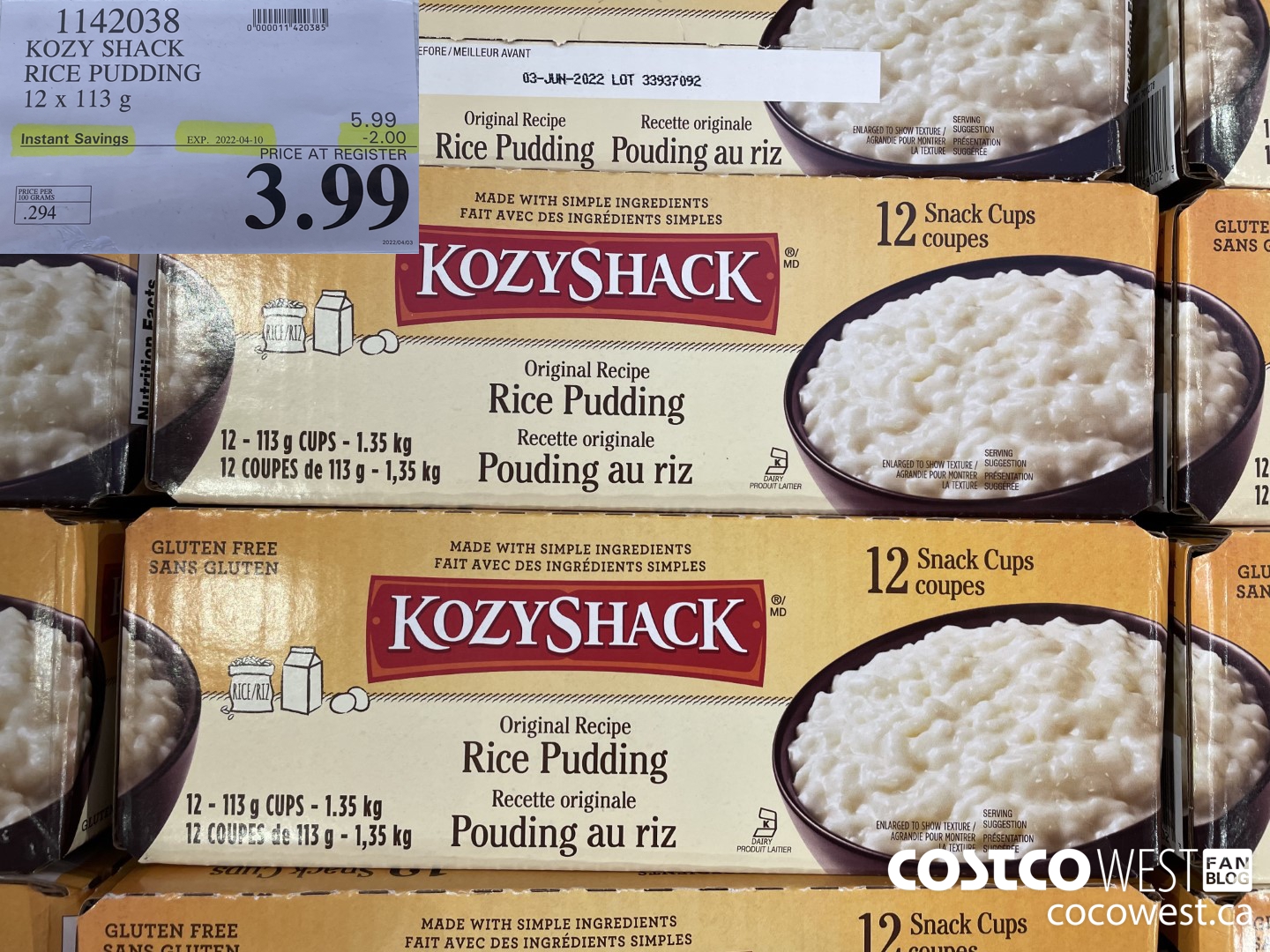 1142038 KOZY SHACK RICE PUDDING 12 x 113 g ($2.00 INSTANT SAVINGS EXPIRES ON 2021-04-10) $3.99