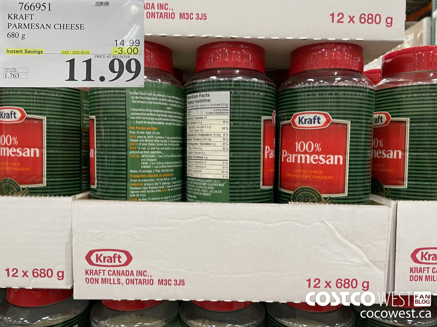 766951 KRAFT PARMESAN CHEESE 680 g ($3.00 INSTANT SAVINGS EXPIRES ON 2022-05-01) $11.99