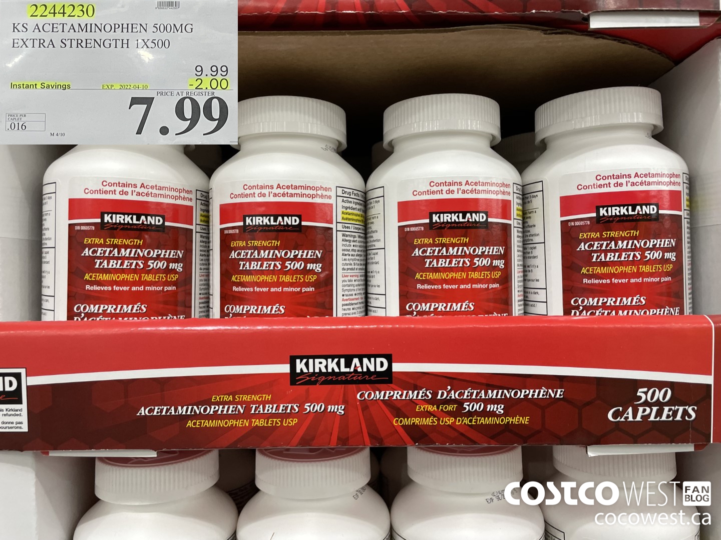 2244230 KS ACETAMINOPHEN S500MG EXTRA STRENGTH 1X500 ($2.00 INSTANT SAVINGS EXPIRES ON 2022-04-10) $7.99