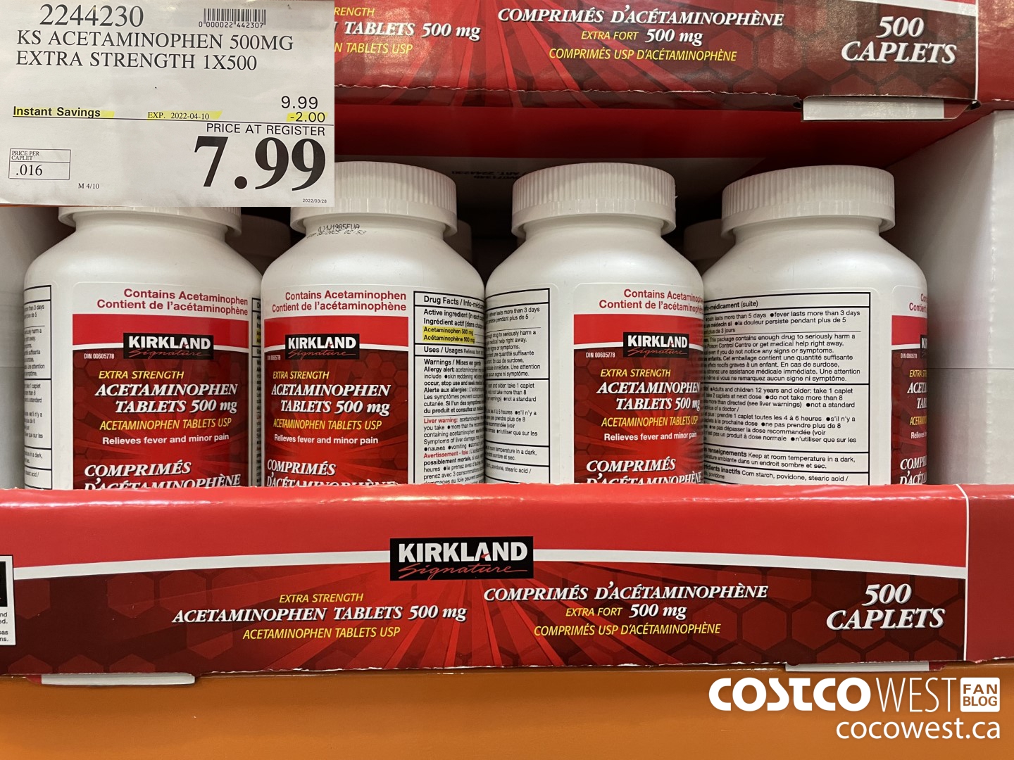2244230 KS ACETAMINOPHEN S500MG EXTRA STRENGTH 1X500 ($2.00 INSTANT SAVINGS EXPIRES ON 2022-04-10) $7.99