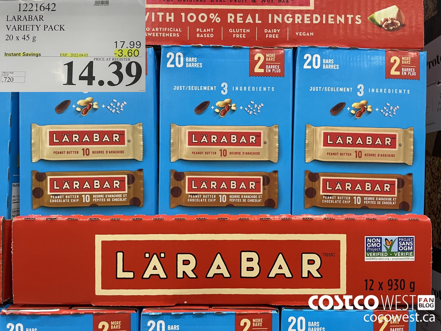 1221642 LARABAR VARIETY PACK 20 x 45 g ($3.60 INSTANT SAVINGS EXPIRES ON 2022-04-03) $14.39