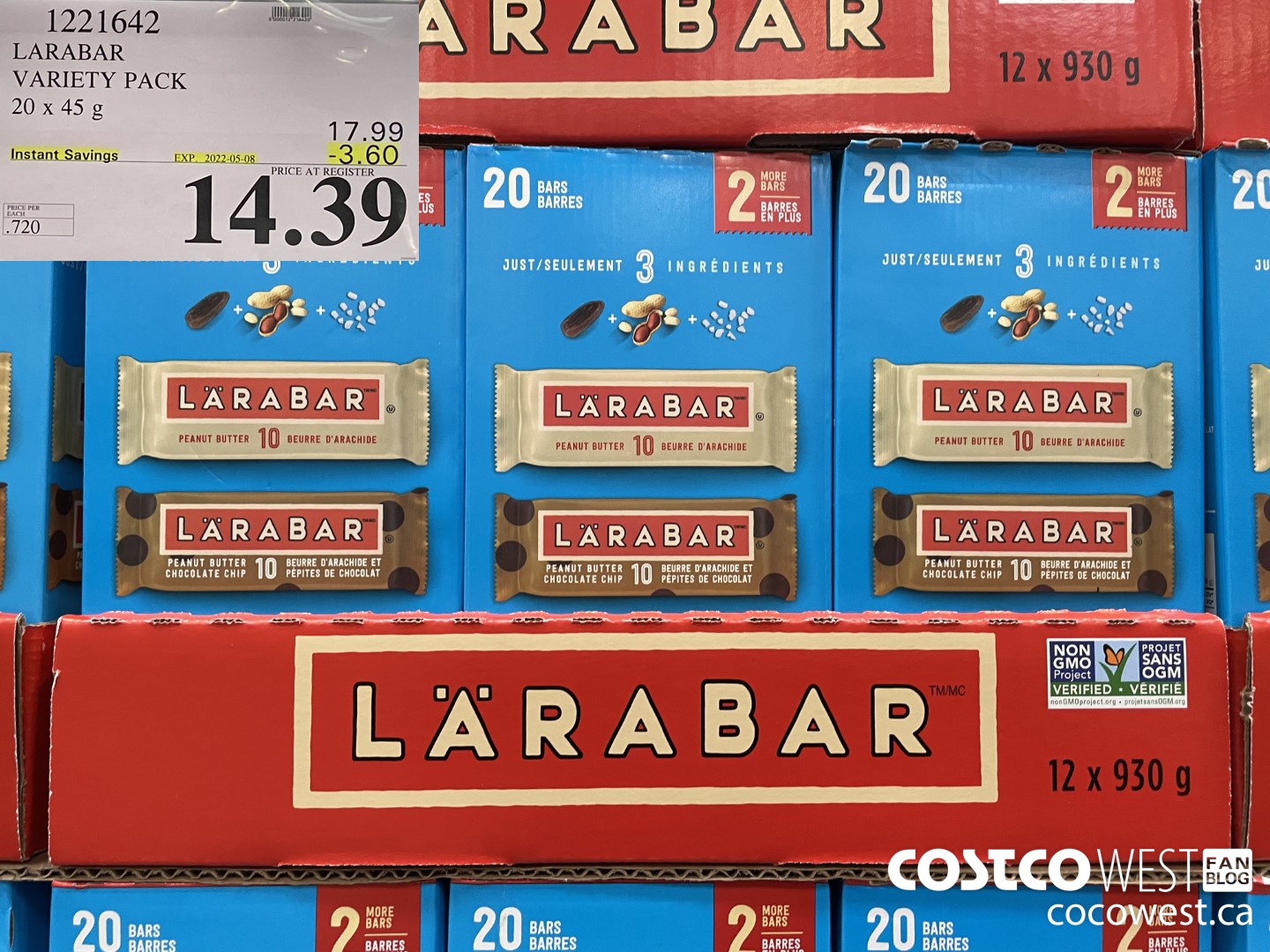 1221642 LARABAR VARIETY PACK 20 x 45 g ($3.60 INSTANT SAVINGS EXPIRES ON 2022-05-08) $14.39