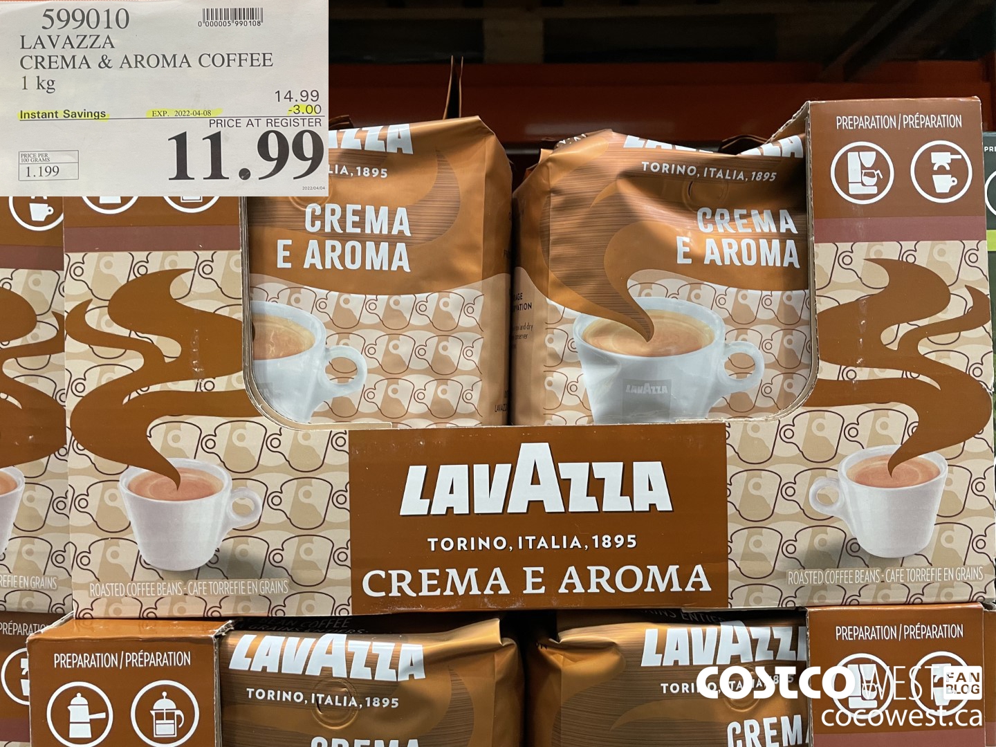 599010 LAVAZZA CREMA & AROMA COFFEE 1KG ($3.00 INSTANT SAVINGS EXPIRES ON 2022-04-08) $11.99