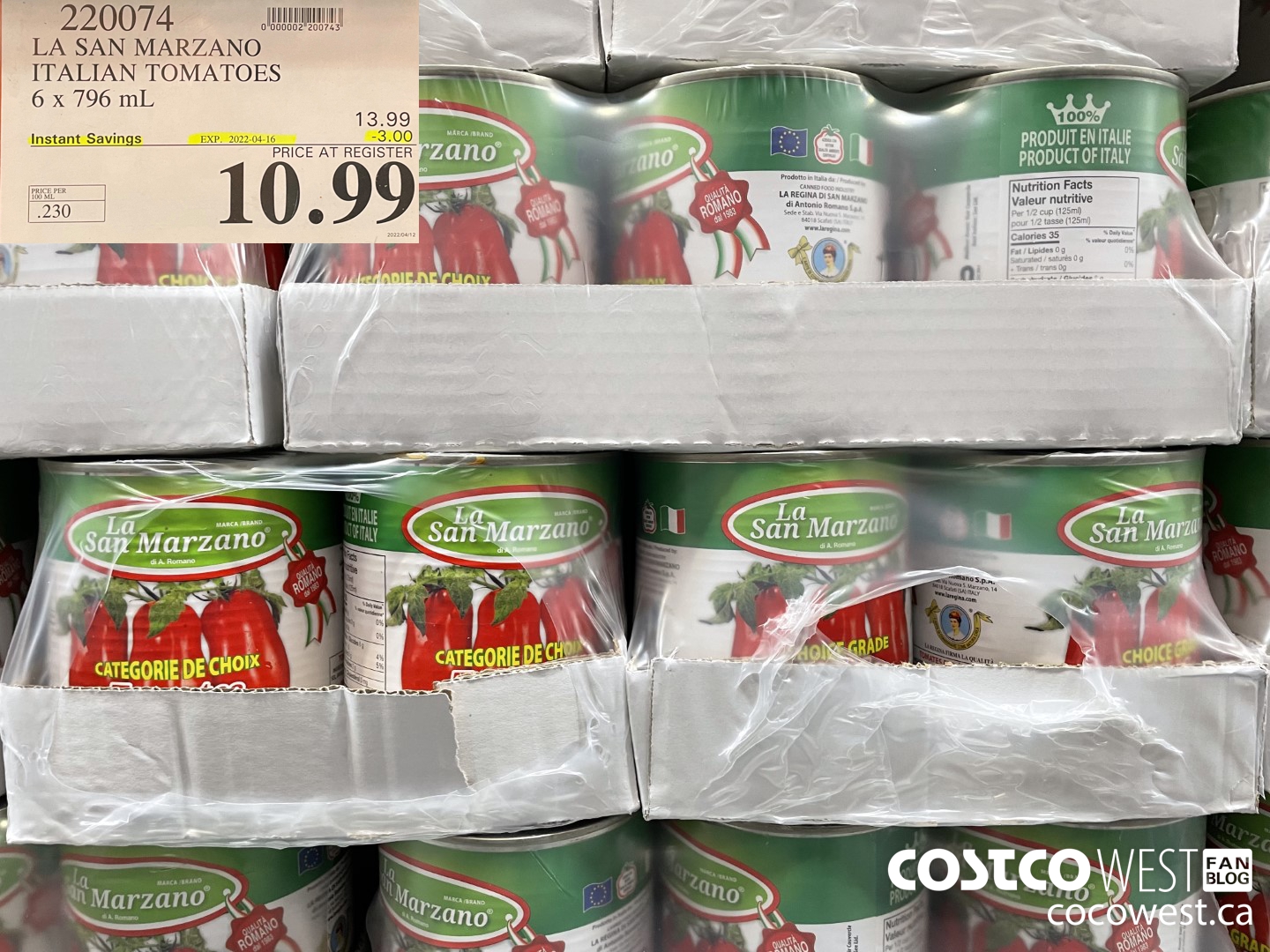 220074 LA SAN MARZANO ITALIAN TOMATOES 6 x 796 mL ($3.00 INSTANT SAVINGS EXPIRES ON 2022-04-16) $10.99