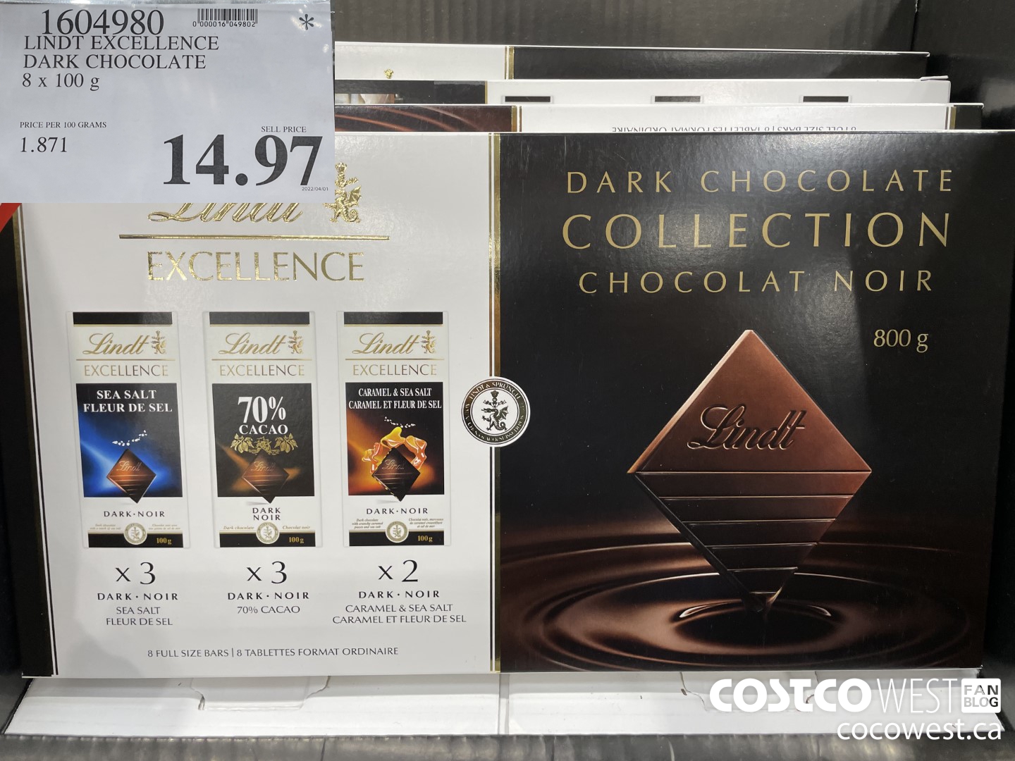 1604980 LINDT EXCELLENCE DARK CHOCOLATE 8 x 100 g $14.97