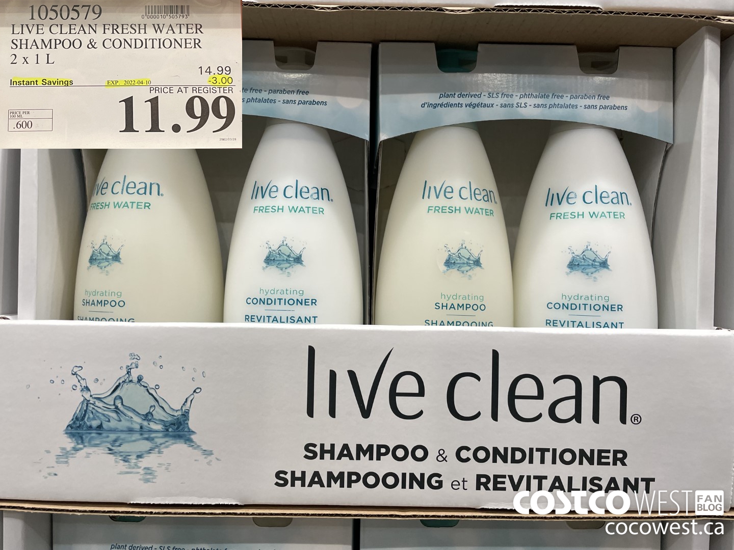 1050579 LIVE CLEAN FRESH WATER SHAMPOO & CONDITIONER 2 X 1L ($3.00 INSTANT SAVINGS EXPIRES ON 2022-04-10) $11.99