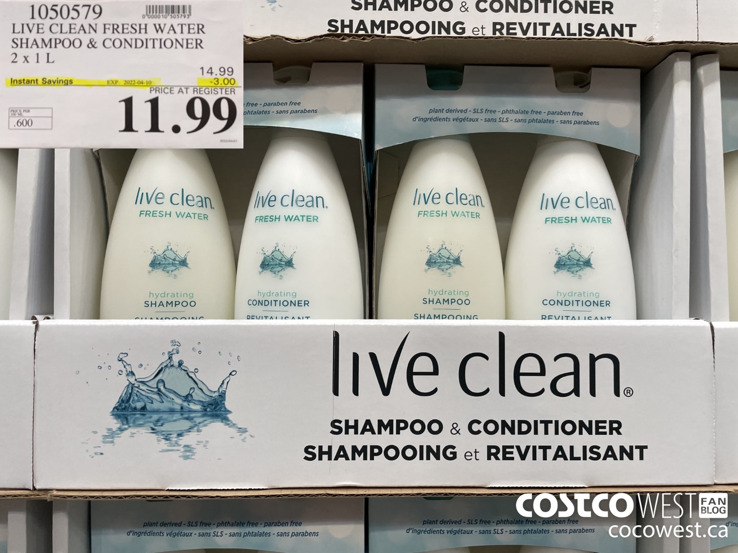 1050579 LIVE CLEAN FRESH WATER SHAMPOO & CONDITIONER 2 X 1L ($3.00 INSTANT SAVINGS EXPIRES ON 2022-04-10) $11.99