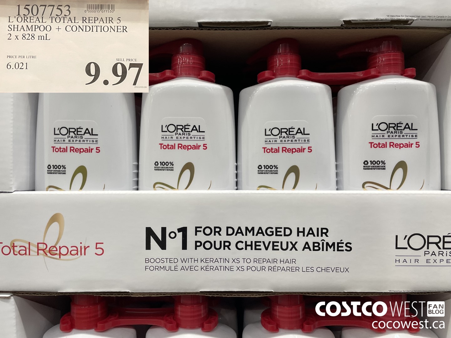 1507753 L'OREAL TOTAL REPAIR 5 SHAMPOO + CONDITIONER 2 x 828 mL $9.97
