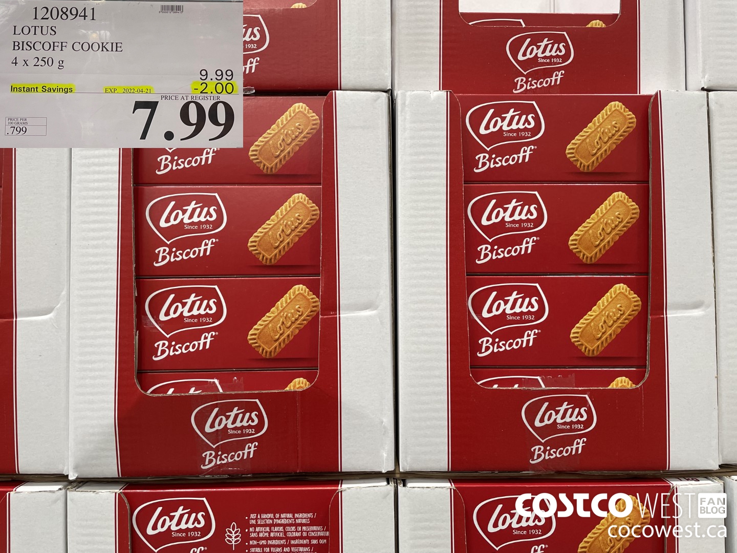 1208941 LOTUS BISCOFF COOKIE 4 x 250 g ($2.00 INSTANT SAVINGS EXPIRES ON 2022-04-21) $7.99