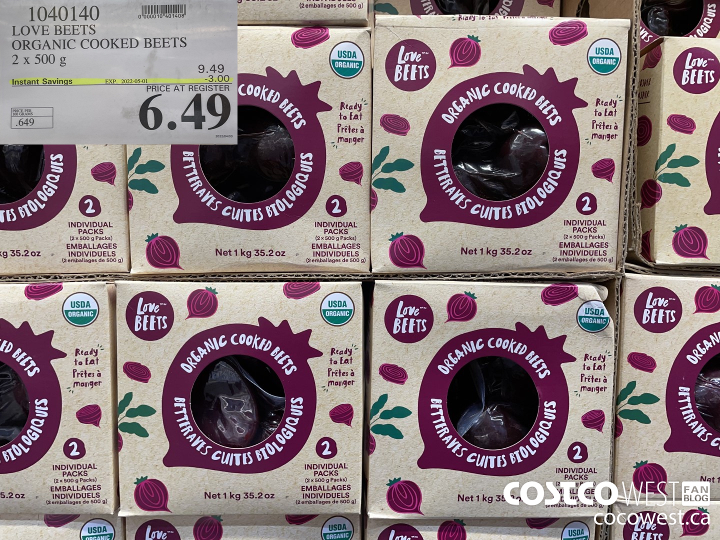 1040140 LOVE BEETS ORGANIC COOKED BEETS 2 x 500 g ($3.00 INSTANT SAVINGS EXPIRES ON 2022-05-01) $6.49