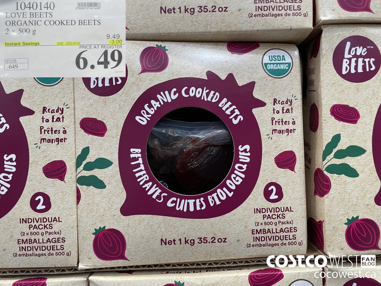 1040140 LOVE BEETS ORGANIC COOKED BEETS 2 x 500 g ($3.00 INSTANT SAVINGS EXPIRES ON 2022-05-01) $6.49