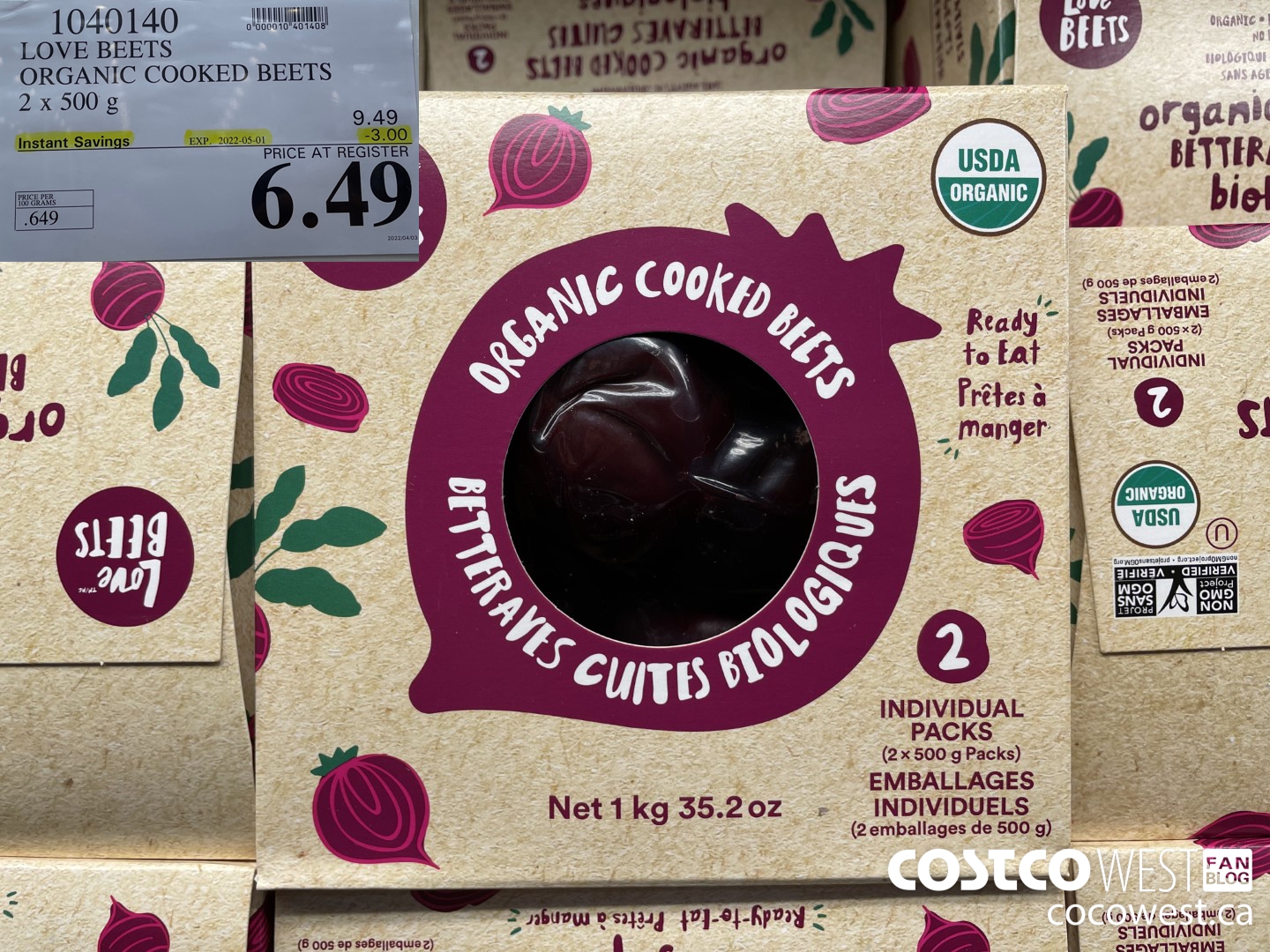 1040140 LOVE BEETS ORGANIC COOKED BEETS 2 x 500 g ($3.00 INSTANT SAVINGS EXPIRES ON 2022-05-01) $6.49