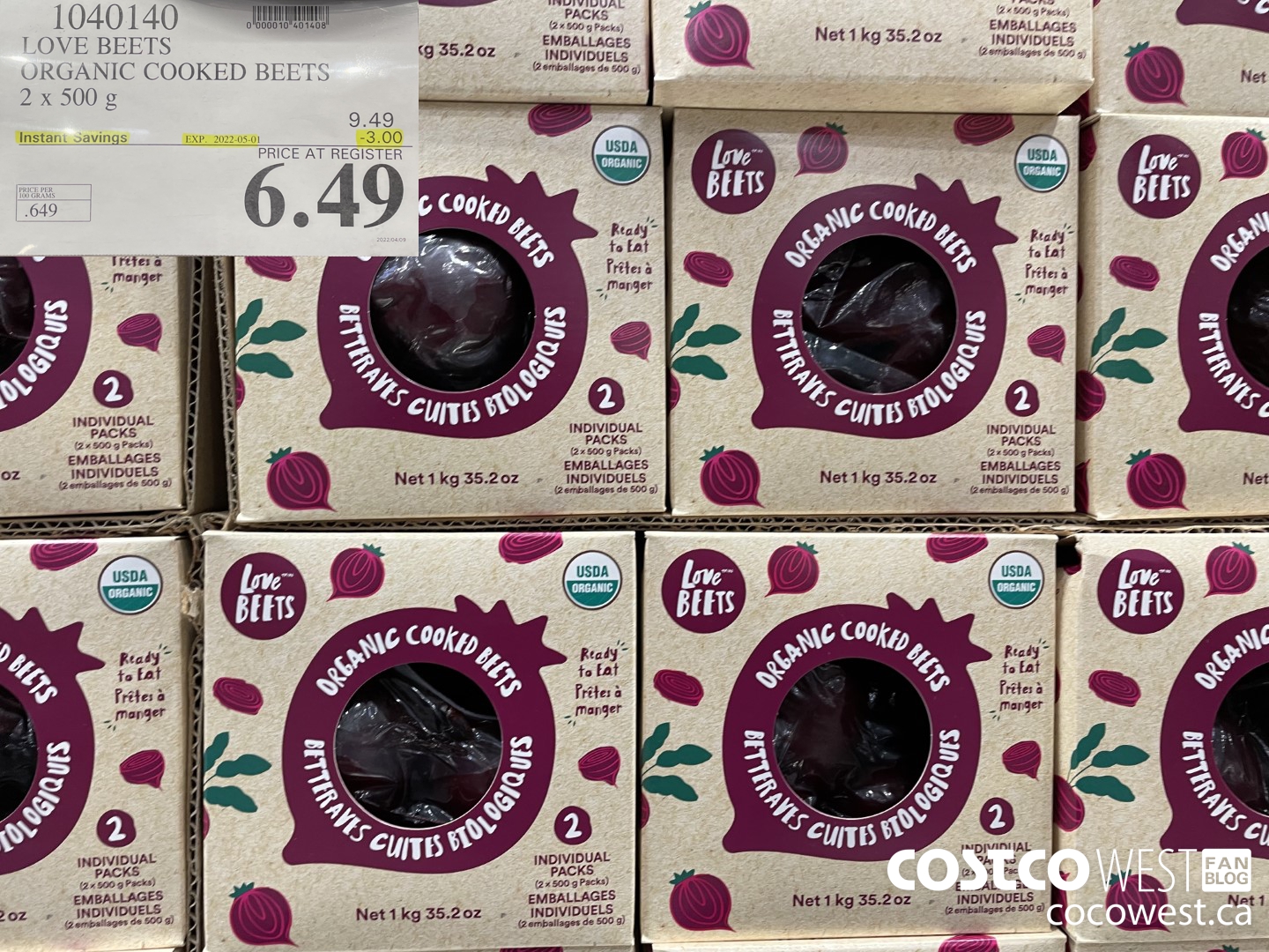 1040140 LOVE BEETS ORGANIC COOKED BEETS 2 x 500 g ($3.00 INSTANT SAVINGS EXPIRES ON 2022-05-01) $6.49