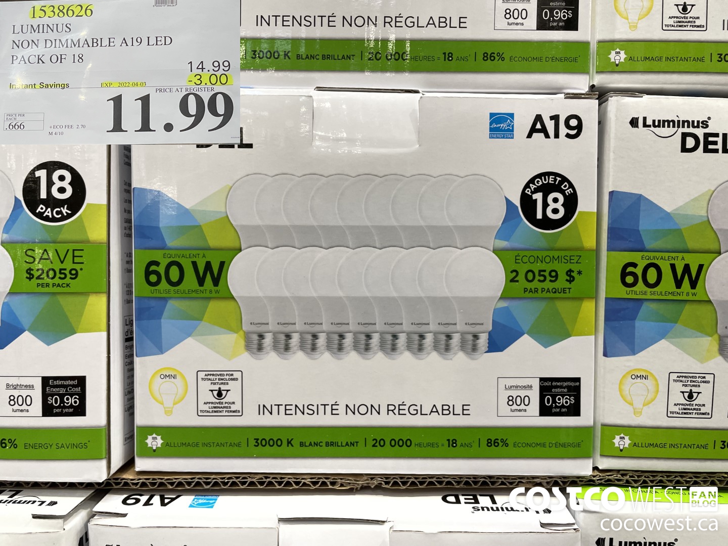 1538626 LUMINUS NON DIMMABLE A19 LED PACK OF 18 ($3.00 INSTANT SAVINGS EXPIRES ON 2022-04-03) $11.99