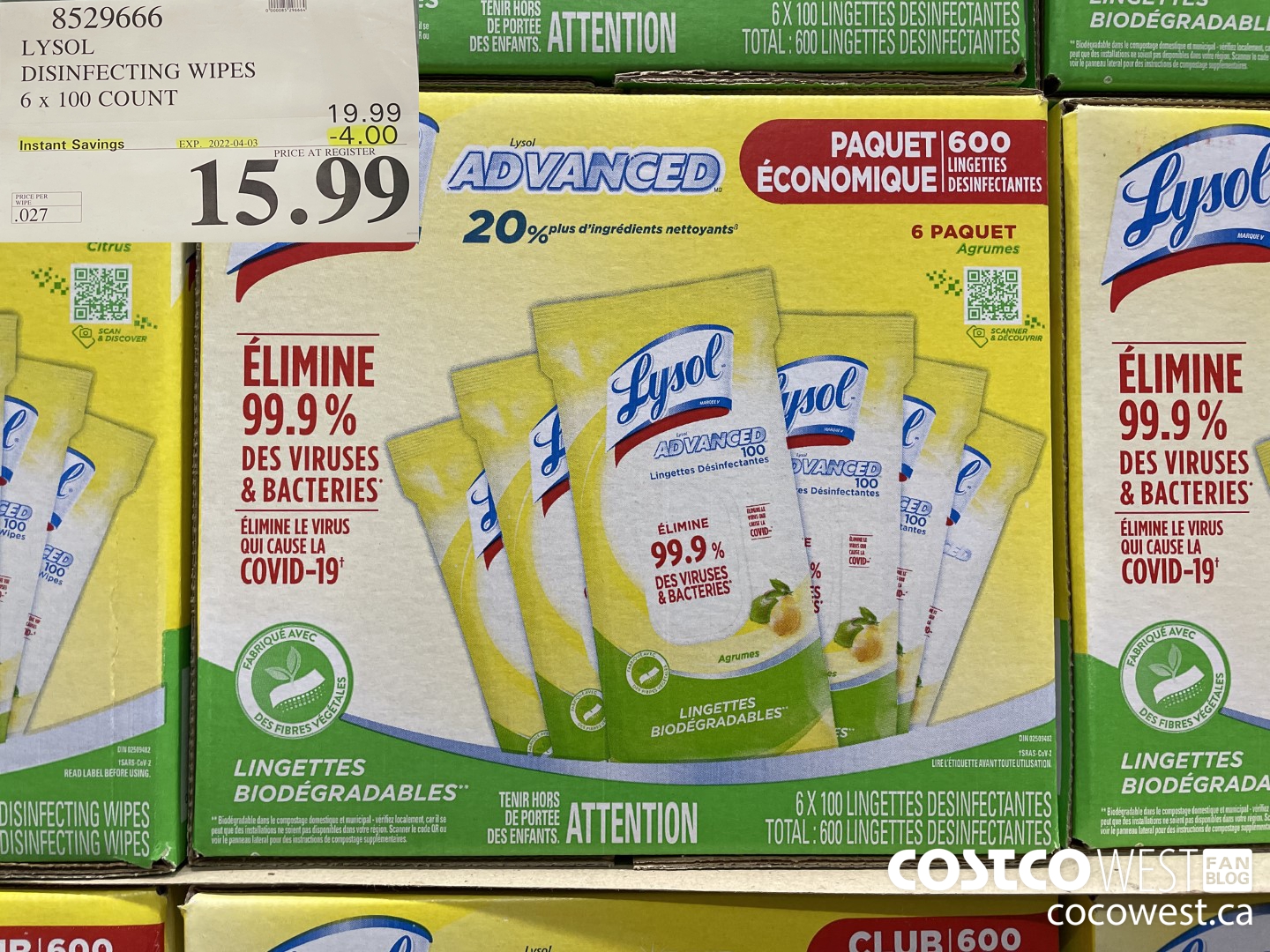 8529666 LYSOL DISINFECTING WIPES 6 x 100 COUNT  ($4.00 INSTANT SAVINGS EXPIRES ON 2022-04-03) $15.99