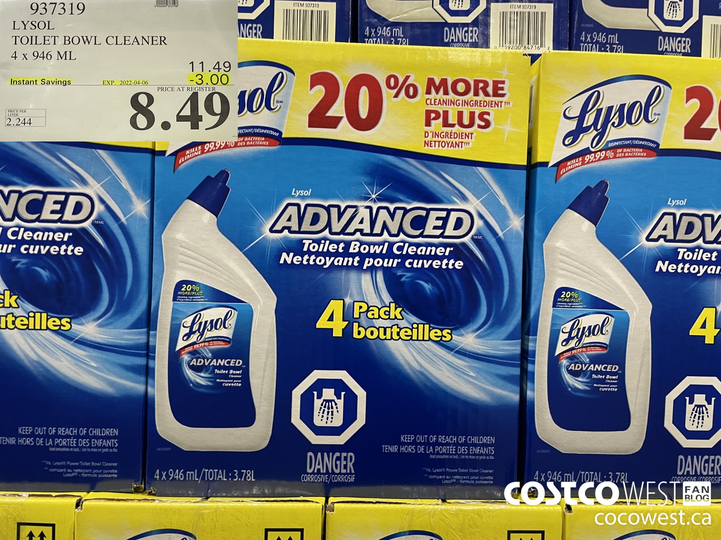 937319 LYSOL TOILET BOWL CLEANER 4 x 946 ML ($3.00 INSTANT SAVINGS EXPIRES ON 2022-04-06) $8.49