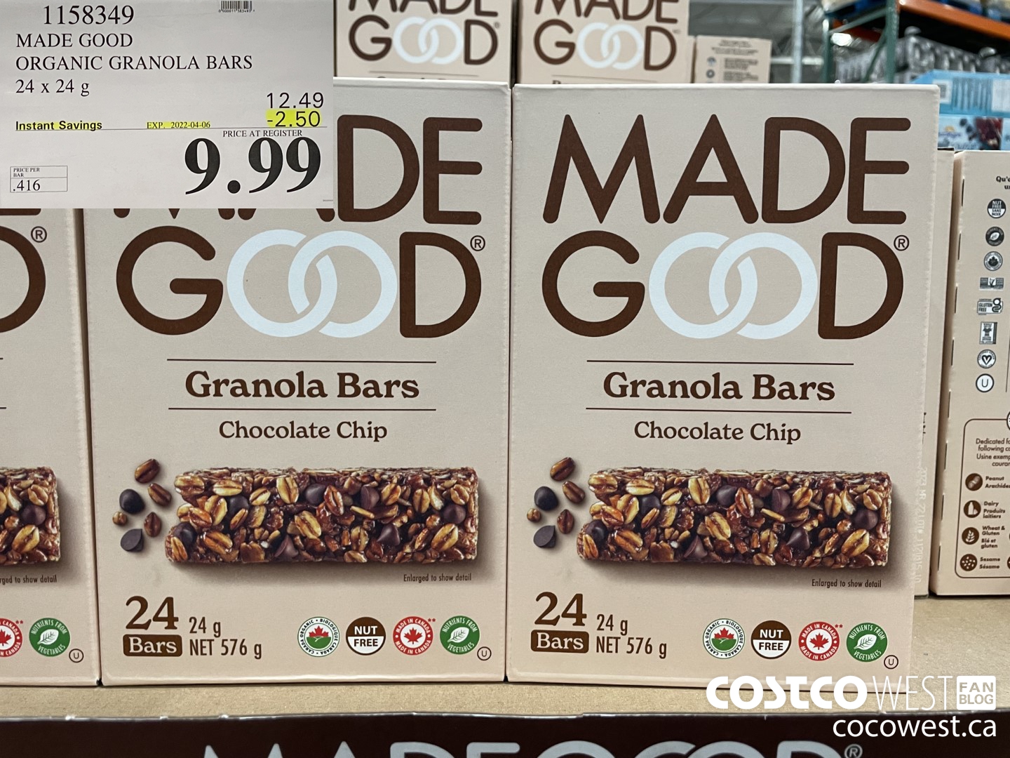 1158349 MADE GOOD ORGANIC GRANOLA BARS 24 x 24g ($2.50 INSTANT SAVINGS EXPIRES ON 2022-04-06) $9.99