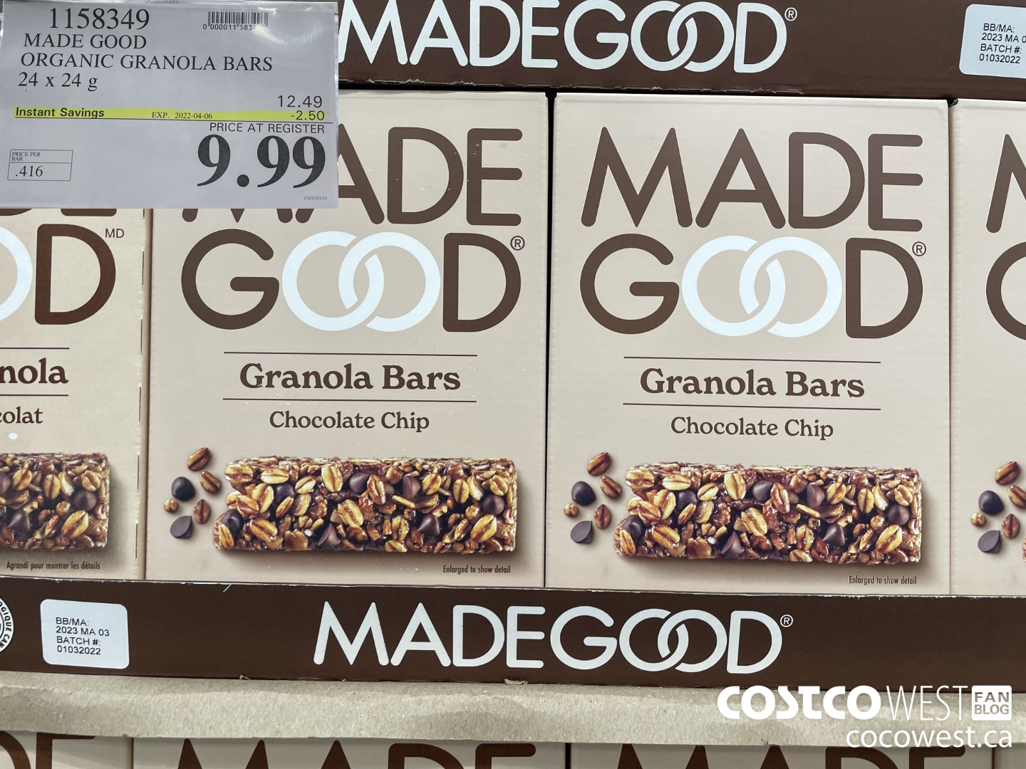 1158349 MADE GOOD ORGANIC GRANOLA BARS 24 x 24g ($2.50 INSTANT SAVINGS EXPIRES ON 2022-04-06) $9.99