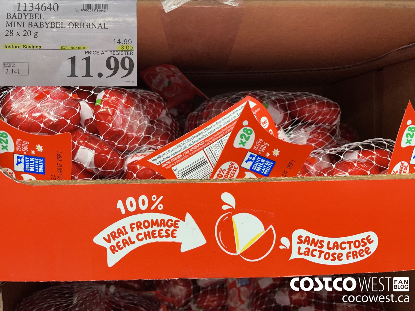 1134640 MINI BABYBEL ORIGINAL 28 x 20 g ($3.00 INSTANT SAVINGS EXPIRES ON 2022-04-10) $11.99