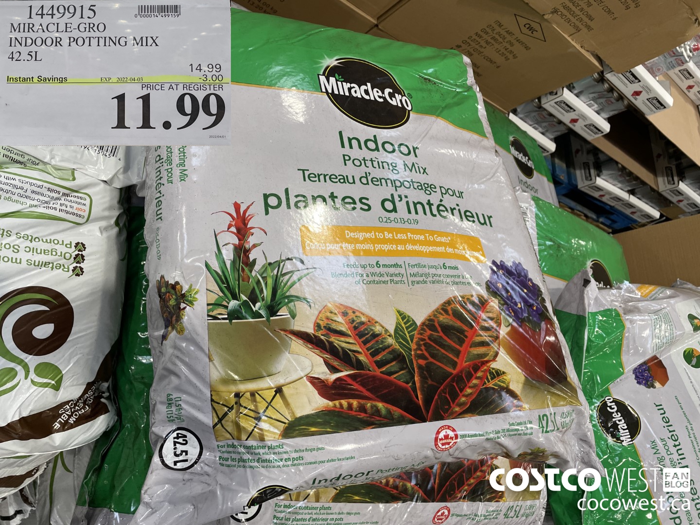 1449915 MIRACLE-GRO INDOOR POTTING MIX 42.5L ($3.00 INSTANT SAVINGS EXPIRES ON 2022-04-03) $11.99